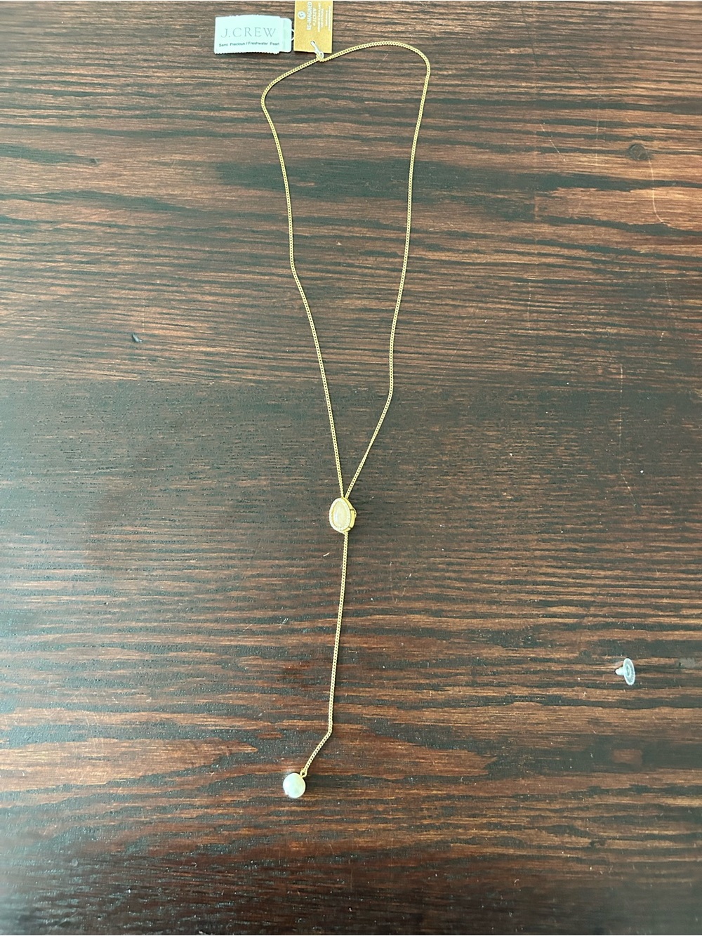 J. Crew Gold Lariat Necklace with pink Pearl Drop -